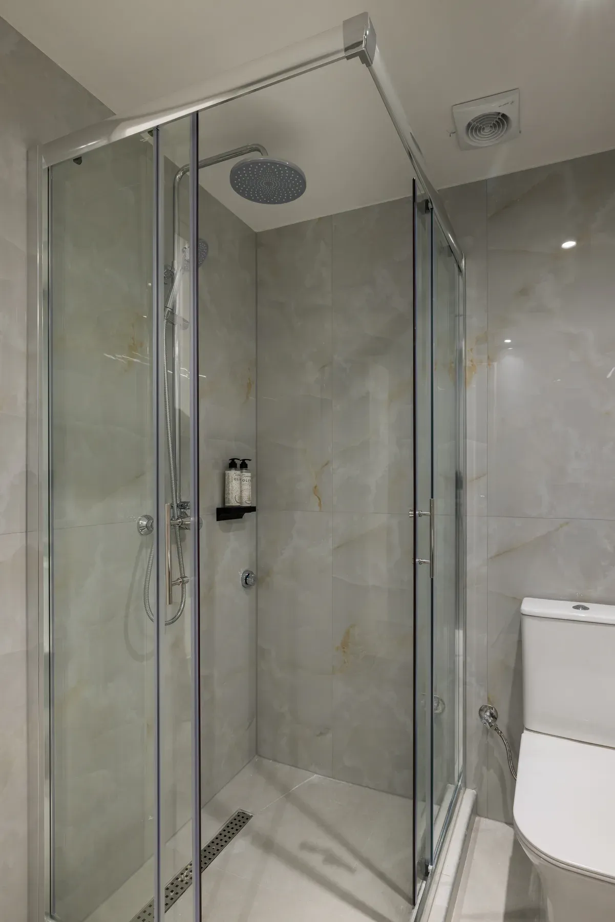 Glass walk-in shower in the apartment bathroom